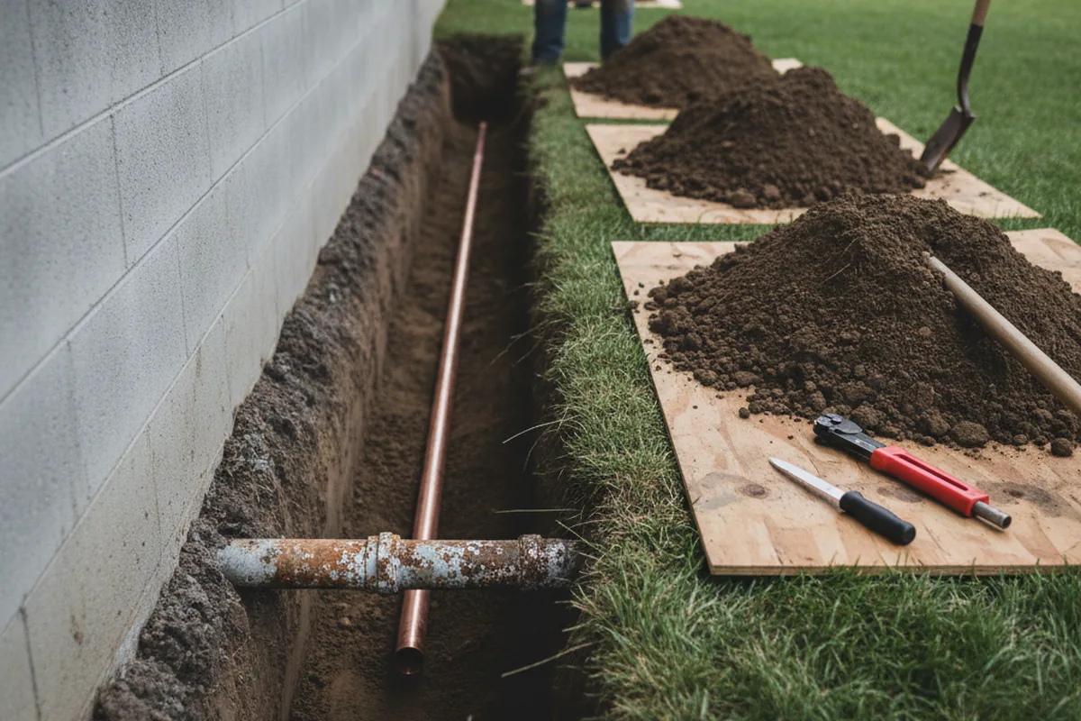 Excavated water line trench during Water Softener Installation in Eagle Springs
